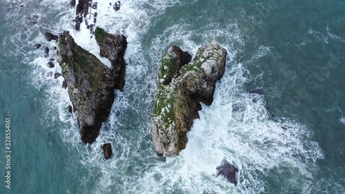 Aerial view of Islote de los Picones, Pendueles beach, Pendueles, Asturias, Cantabrian Sea, Spain, Europe photo