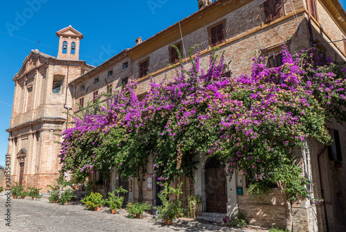 HIstorical center of Corinaldo with stone houses  chucrh  steps and flowers