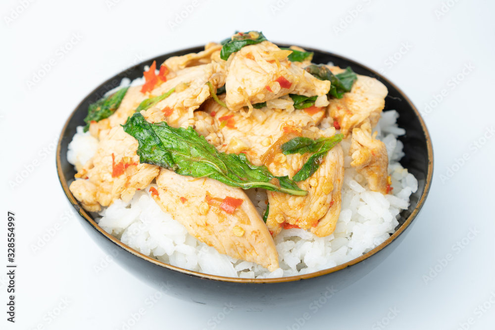 Thai spicy food basil chicken fried rice recipe Krapao Gai Thai spicy food basil chicken fried rice recipe Krapao Gai