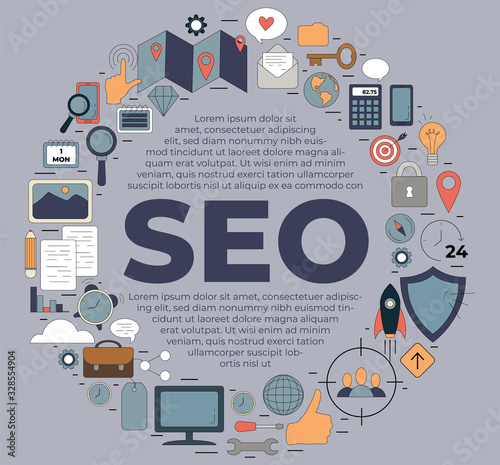 Circle shaped SEO icons set composition. Simple color icons for seo, business and social media marketing