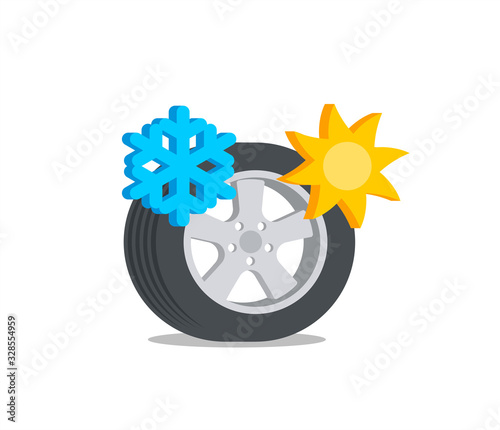 Car tire with symbols of winter and summer. Сoncept for the seasonal change of tires. Vector illustration in flat / cartoon style. Isolated on white background.