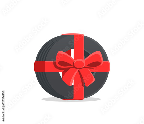 Tire in a gift ribbon. Concept of discount. Vector illustration isolated.