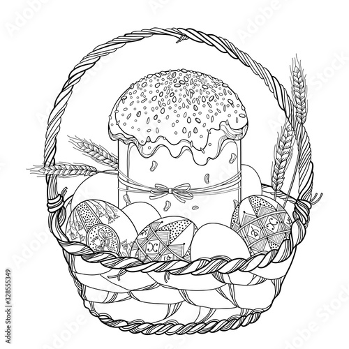 Outline basket with Easter cake or Paska, Ukrainian Easter egg Pysanka and wheat plant in black isolated on white background.