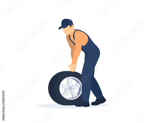 Mechanic change car wheel. Tire service concept. Vector isolated illustration. photo