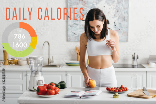 fit sportswoman weighing food on kitchen table, daily calories illustration photo