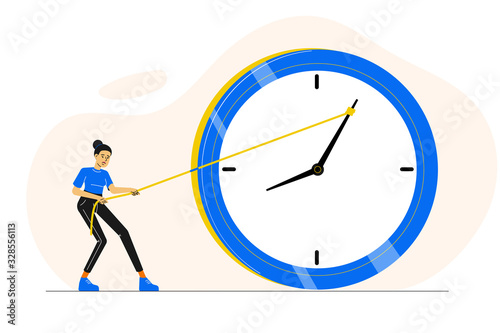 Deadline or time management concept. Sad or stressed woman or employee or office worker pushing minute hand of broken clock towards anti clockwise. Running out of time. Vector character illustration