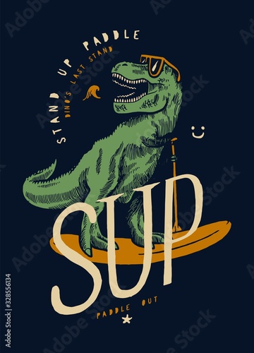 Stand up paddle t-rex in sunglasses and smiling. Summer water sports dino t-shirt print illustration.