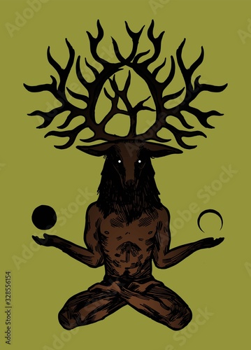 Deer god person illustration. Man with deer head and big horns sitting in lotus pose and holding moons.