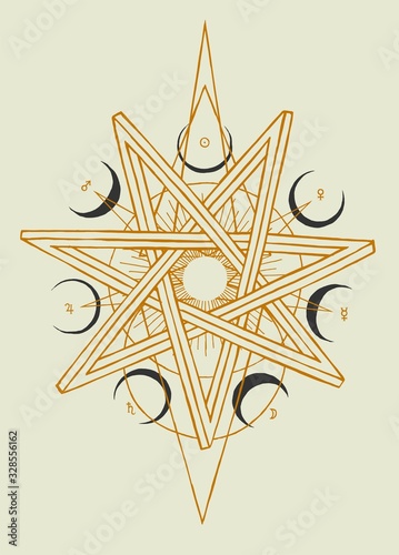 Seven pointed star heptagram with moons and planets symbols occult illustration.