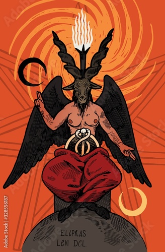 Baphomet demon with goat head and woman breasts and wings. Satanic occult vector illustration.