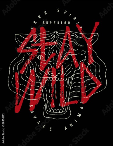 Stay wild - tiger face roaring - savage animal t-shirt print. vector illustration.