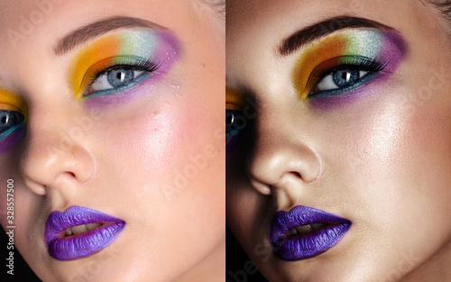 Before-after processing. Woman before and after retouch. Comparison portraits with make-up.