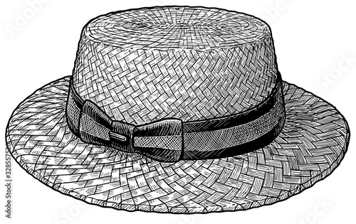 Boater cloche, straw hat illustration, drawing, engraving, ink, line art, vector
