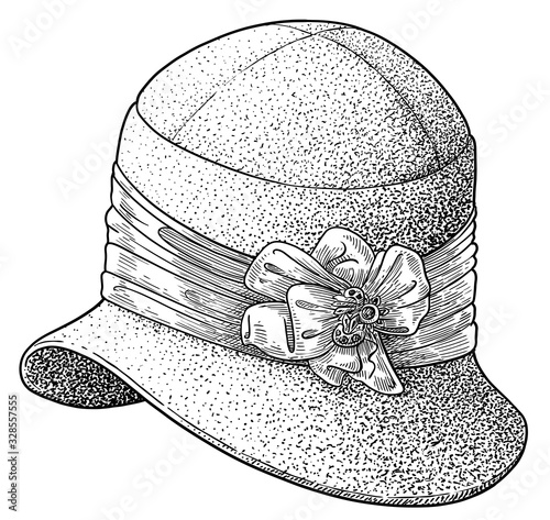 Lady vintage french couture hat illustration, drawing, engraving, ink, line art, vector
