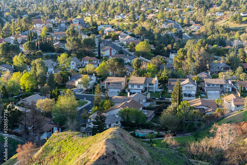 Suburban San Fernando Valley streets and homes in northern Los Angeles, California.   photo