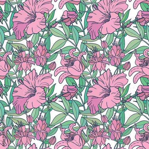 Realistic floral seamless pattern. Vector background with flowers and leaves.