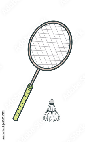 Badminton racket and shuttlecock. Badminton equipment. Illustration on a white background.