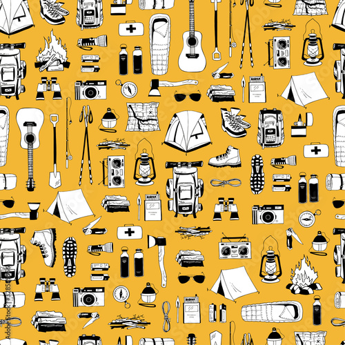 Vector seamless pattern with black and white elements isolated on yellow. Endless texture. Hiking, camping print. Backpack, boots, tent, compass, map, flashlight, binoculars, camera, bottle of water.