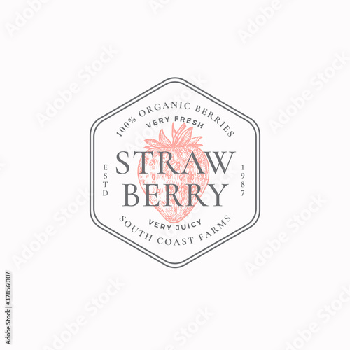 Strawberry Farm Badge or Logo Template. Hand Drawn Berries Sketch with Retro Typography and Borders. Vintage Premium Emblem.