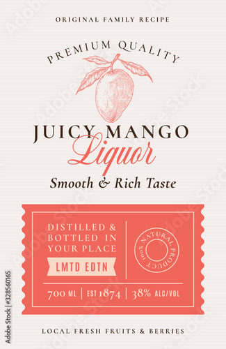 Family Recipe Juicy Mango Liquor Acohol Label. Abstract Vector Packaging Design Layout. Modern Typography Banner with Hand Drawn Mango with Leaves Silhouette Logo and Background.
