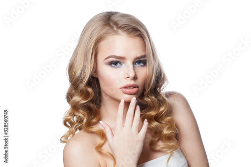 Pretty blonde woman isolated on white background