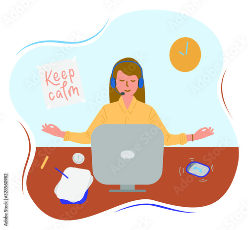 Office worker sit and meditate while talking with a client or customer. Young woman rest from hard work. Business meditation. Flat cartoon vector stock illustration