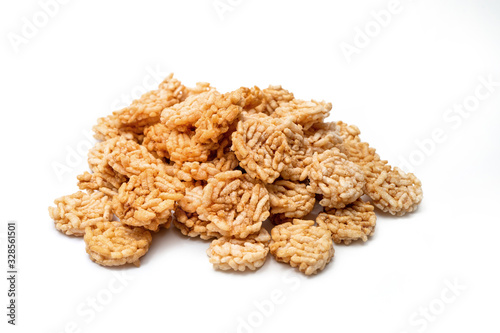 crispy rice crackers on white background  - popular snack in Thailand