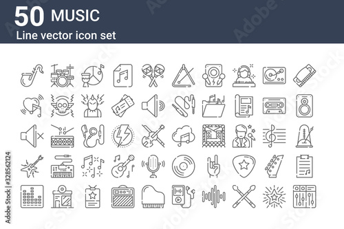 set of 50 music icons. outline thin line icons such as sound mixer, equalizer, electric guitar, mute, heart, drum set, music cloud