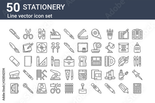 set of 50 stationery icons. outline thin line icons such as calculator, ruler, stapler, eraser, paint brush, scissors, sharpener