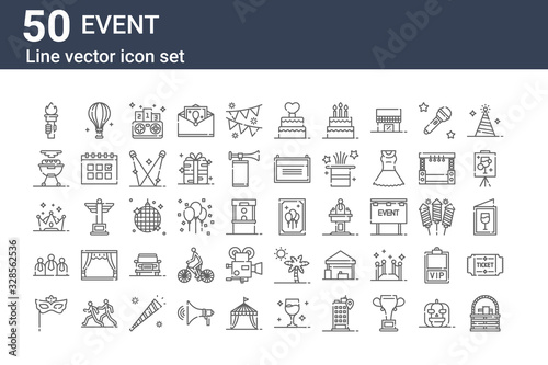 set of 50 event icons. outline thin line icons such as picnic basket, eye mask, audience, crown, barbecue, hot air balloon, event poster