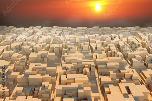 3d image Simulation of an eastern city at sunset. Hot summer evening in the eastern city. 3D rendering.