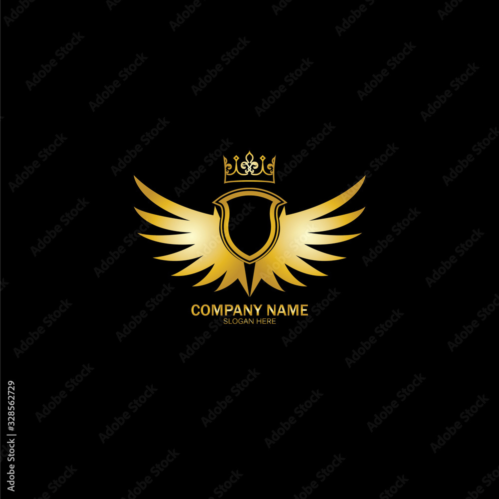 Obraz premium golden winged shield with crown logo / heraldry symbol