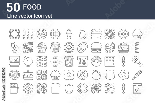 set of 50 food icons. outline thin line icons such as pasta, canned food, biscuit, pancakes, grapes, kebab, waffle