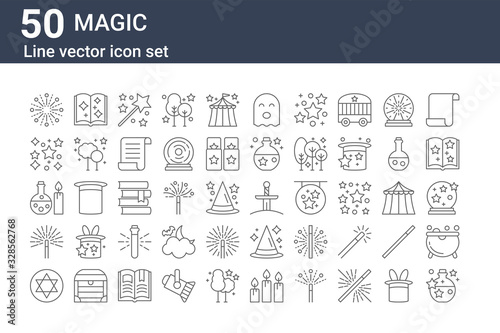 set of 50 magic icons. outline thin line icons such as potion, pentagram, magic wand, potion, magic, spellbook, excalibur