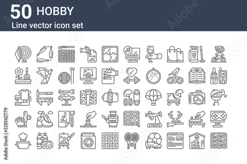 set of 50 hobby icons. outline thin line icons such as scrapbook, pot, baseball, sewing, gardening, juggling, skateboarding
