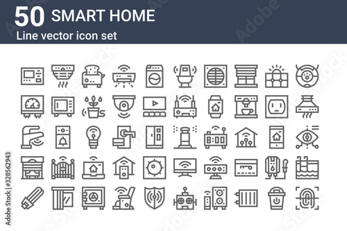 set of 50 smart home icons. outline thin line icons such as fingerprint, lamp, garage, faucet, heating, smoke detector, irrigation