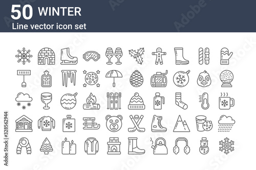 set of 50 winter icons. outline thin line icons such as snowflake, scarf, cabin, snowing, shovel, igloo, winter hat