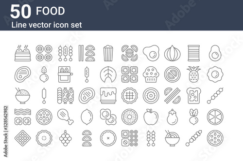 set of 50 food icons. outline thin line icons such as cookie, waffle, breakfast, rice, meat, sushi, pie
