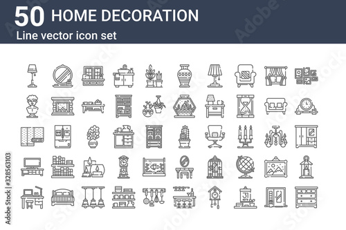 set of 50 home decoration icons. outline thin line icons such as drawer, desk, tv set, wallpaper, statue, mirror, cactus