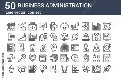 set of 50 business administration icons. outline thin line icons such as startup, speech, flow diagram, calculator, mobile, growth, buildings