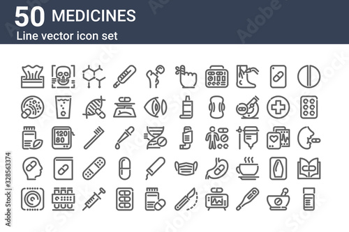 set of 50 medicines icons. outline thin line icons such as pills, condom, drug, medicine, bacteria, x ray, inhaler