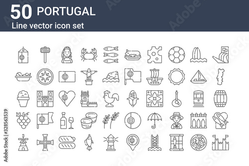 set of 50 portugal icons. outline thin line icons such as castle, windmill, grapes, manjerico, food, hammer, corn