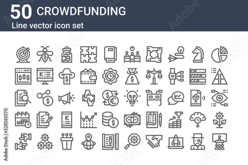 set of 50 crowdfunding icons. outline thin line icons such as presentation, focus, calendar, research, stock, bee, idea