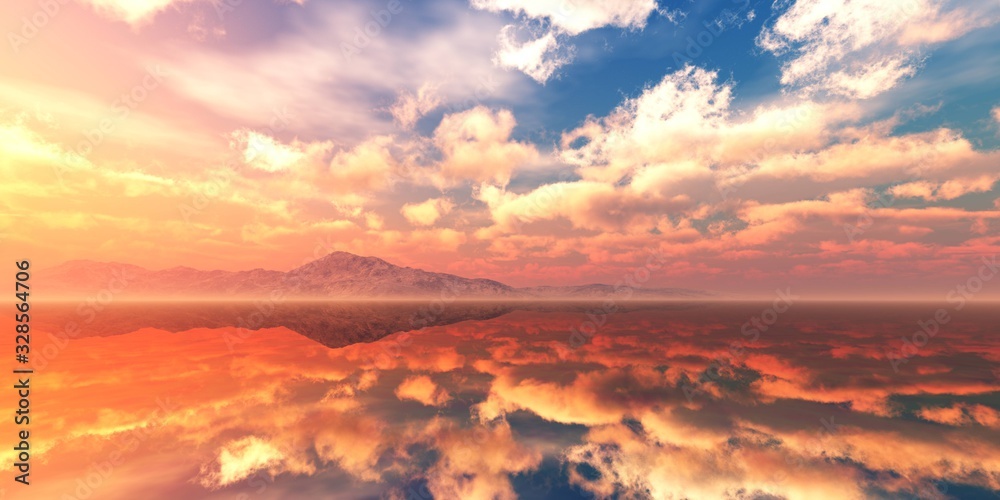 The surface of the salt lake at sunset, the sky with clouds reflected in the mirror surface of the water, 3D rendering