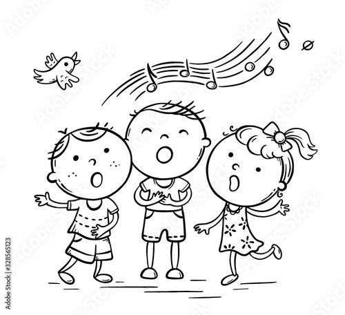 Kids singing together, variant with cartoon hands