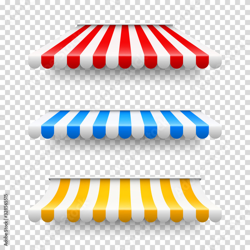 Shop sunshade. Realistic striped cafe awning. Outdoor market tent. Roof canopy. Summer street store. Vector illustration.