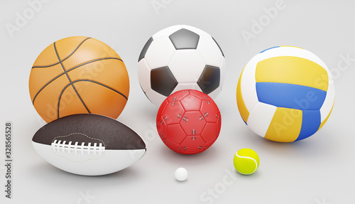 Assorted sports ball on a white background. Includes a soccer ball, a football, a basketball and more. 3d rendering