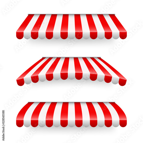 Shop sunshade. Realistic striped cafe awning. Outdoor market tent. Roof canopy. Summer street store. Vector illustration.