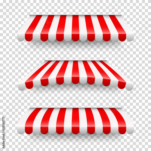 Shop sunshade. Realistic striped cafe awning. Outdoor market tent. Roof canopy. Summer street store. Vector illustration.