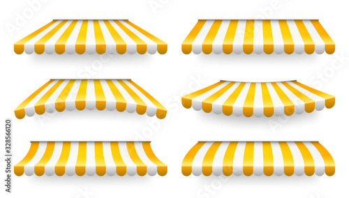 Shop sunshade. Realistic striped cafe awning. Outdoor market tent. Roof canopy. Summer street store. Vector illustration.